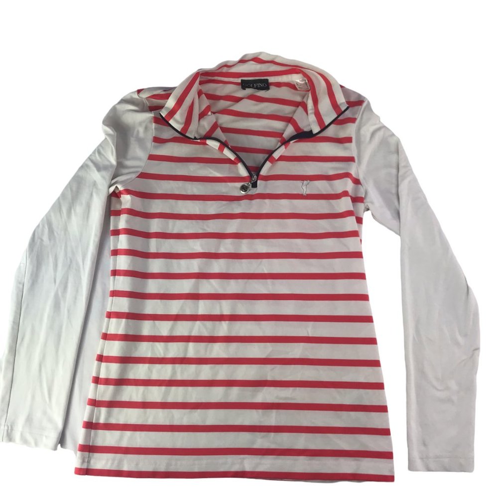 GOLFINO Half Zip 1/2 Zip Pullover Long Sleeve Shirt White Pink Stripe Women's M